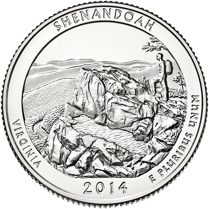 56 National Park Quarters List (With Pictures!) 55 A national park quarter for Shenandoah with a hiker on a rock outcropping admiring the mountainous landscape