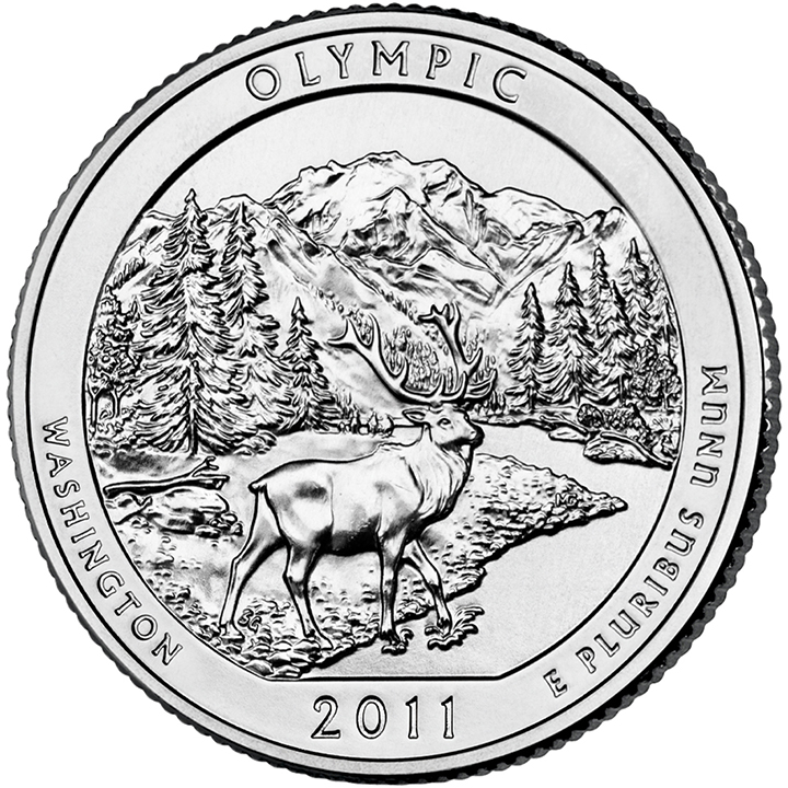56 National Park Quarters List (With Pictures!) 56 A national park quarter for Olympic with an elk on mountainous terrain beside a river