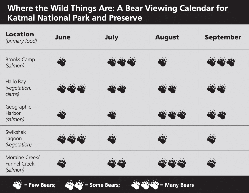 The Absolute BEST Time to Visit to Katmai National Park 6 A bear-viewing calendar for Katmai National Park details which months are best to see bears at various locations in the park.