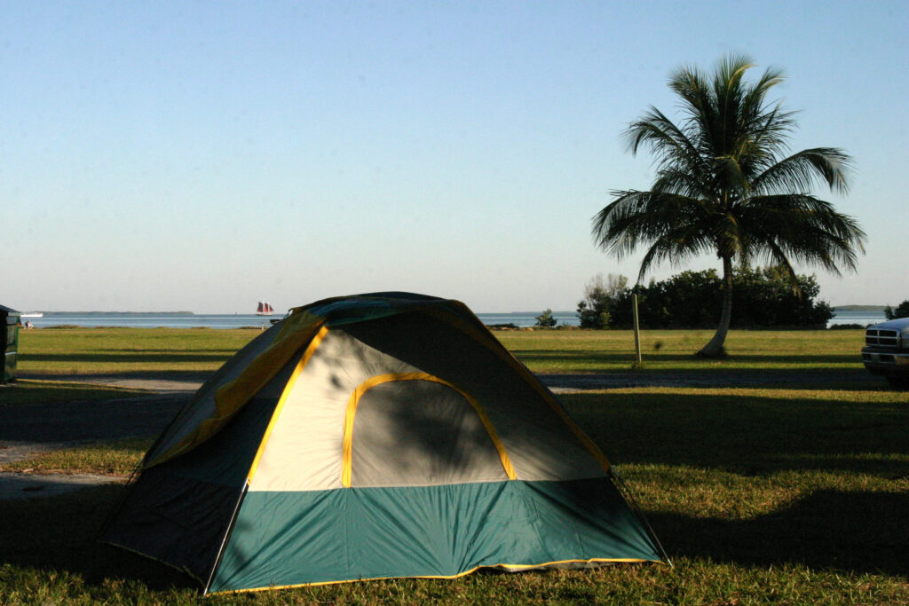 Everglades National Park Camping Guide: Everything You Need to Know 9 A green and white tent by Florida Bay in the Flamingo Campground, one of many campgrounds in the Everglades National Park