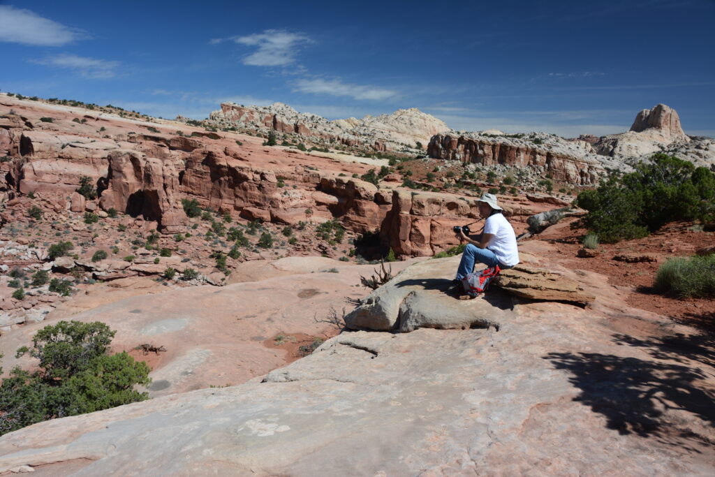 20 Best Hikes in Capitol Reef National Park 29 A hiker in a white t-shirt looks out at a vast view from an overlook