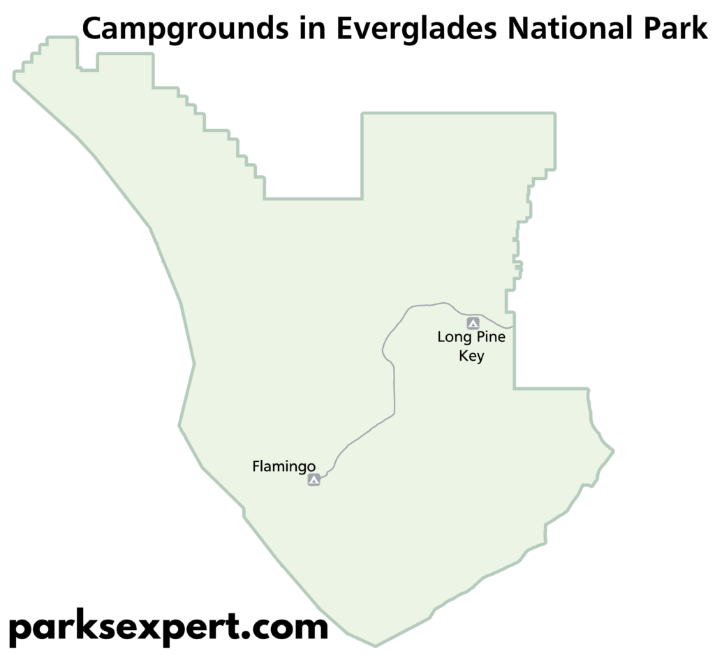 Everglades National Park Camping Guide: Everything You Need to Know 11 A map with the boundary of Everglades National Park in green and the two campgrounds in Everglades National Park labeled in gray.