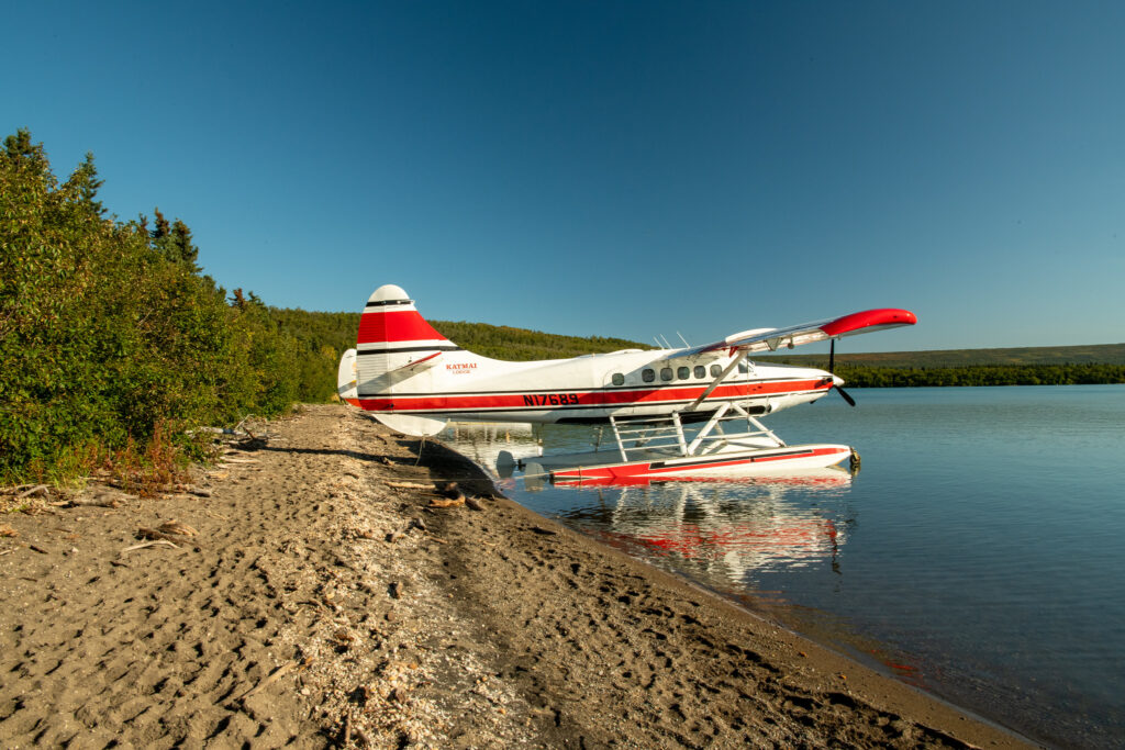 The Absolute BEST Time to Visit to Katmai National Park 12 A floatplane, pictured here on the shoreline of a sandy beach, is how to get to Katmai National Park