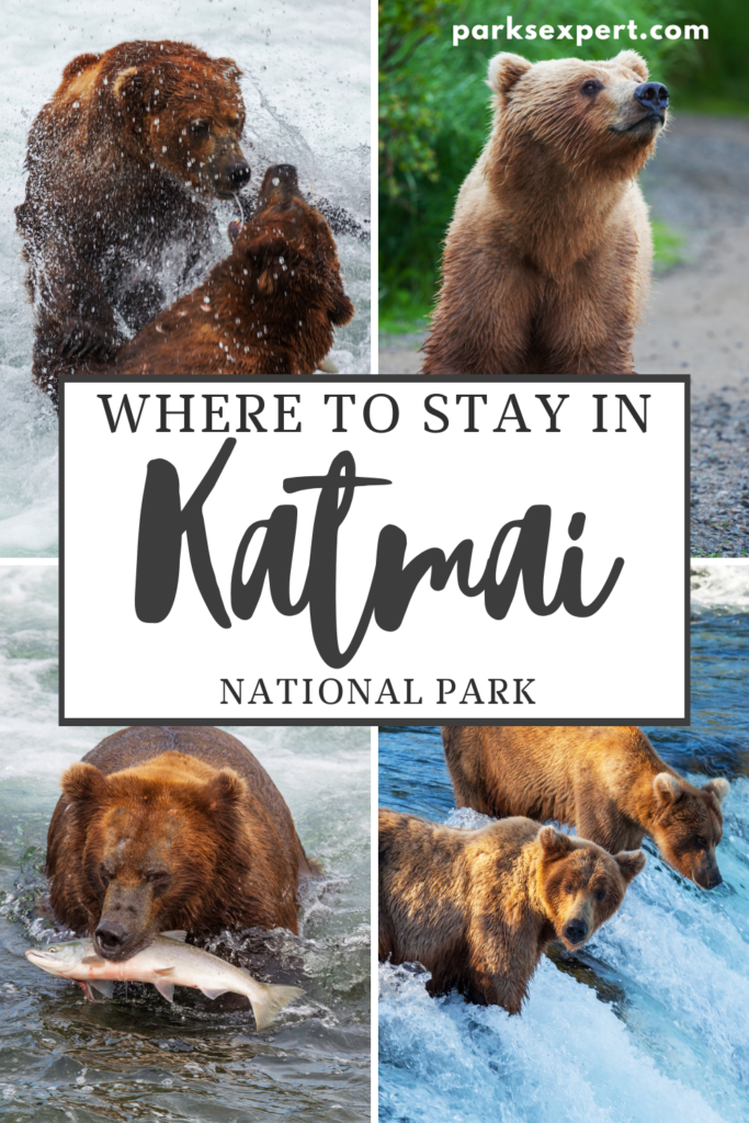 Where to Stay in Katmai National Park: Lodging, Campgrounds, and Backpacking 25 Pin with photos of brown bears and text: Where to Stay in Katmai National Park