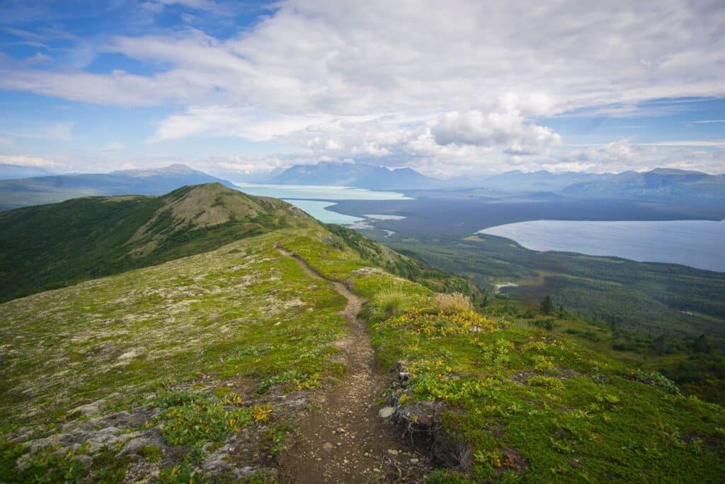 The 13 Best Things to Do in Katmai National Park: Bears and Volcanoes Galore 14 A packed dirt path leads across a green ridgeline toward scenic vistas of surrounding mountains and lakes