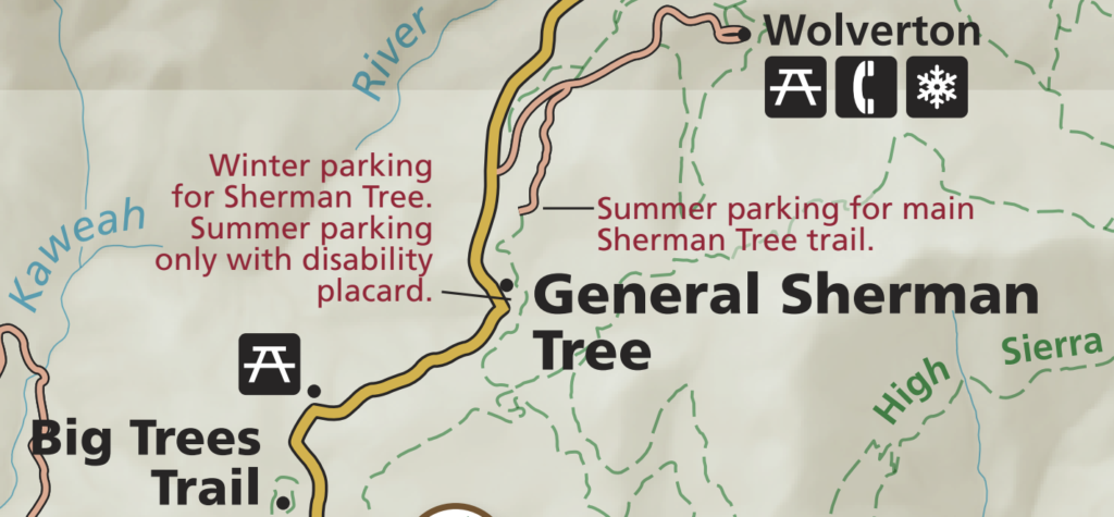 Hiking the General Sherman Tree Trail in Sequoia National Park: How to See the World's Largest Tree 3 A map of where to park to walk the General Sherman Tree Trail in both summer and winter