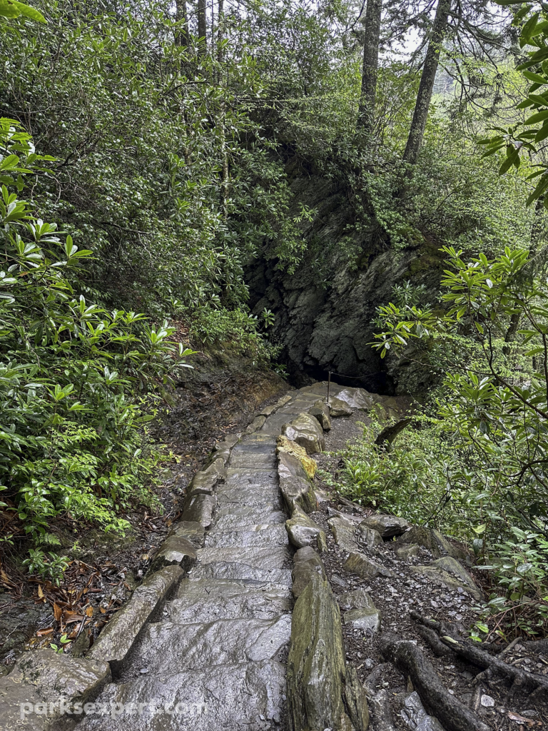 Hiking Alum Cave Trail in Great Smoky Mountains National Park 16 A rocky path through the forest leads to a stone staircase in Arch Rock