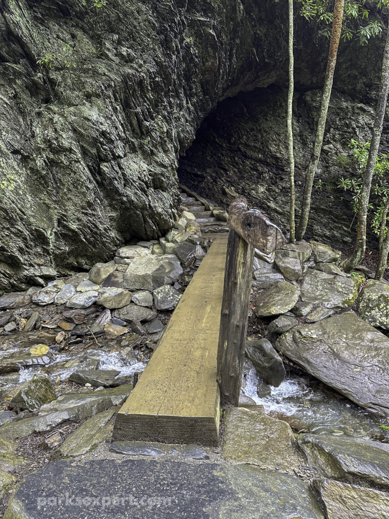 Hiking Alum Cave Trail in Great Smoky Mountains National Park 4 A wooden bridge over a Alum Cave Creek leads to a stone staircase