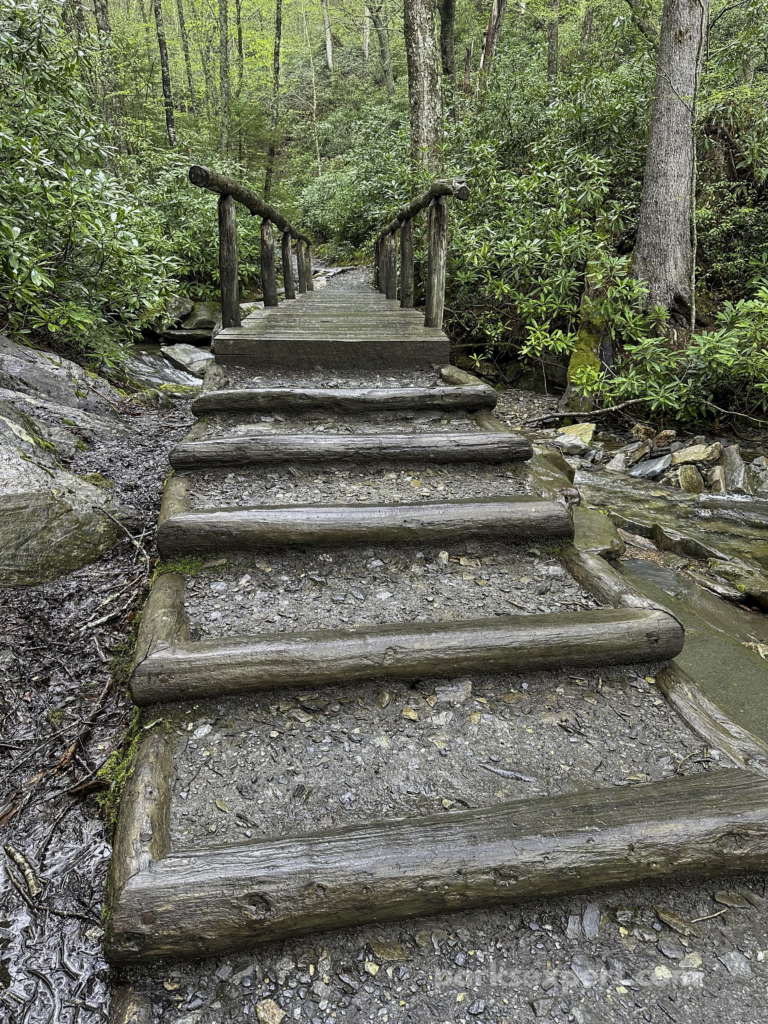 Hiking Alum Cave Trail in Great Smoky Mountains National Park 12 Dirt steps with wooden borders leading up to a wooden bridge with railings on either side