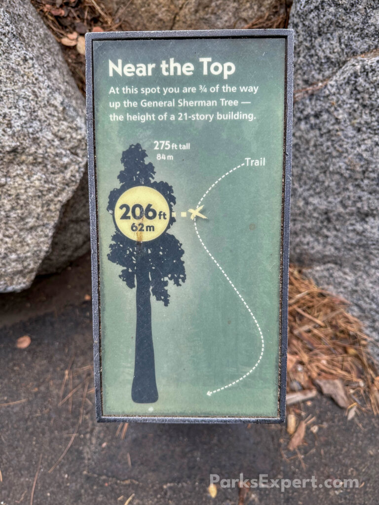 Hiking the General Sherman Tree Trail in Sequoia National Park: How to See the World's Largest Tree 15 A trail marker details how far down the 212-ft trail the hiker is compared to the height of the General Sherman Tree