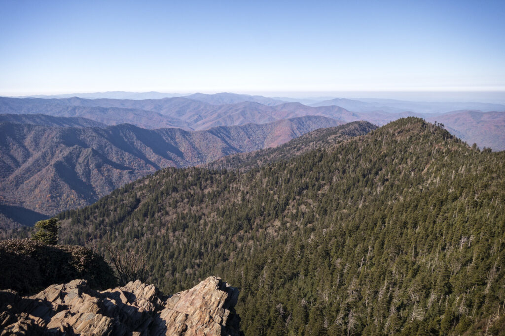 Hiking Alum Cave Trail in Great Smoky Mountains National Park 27 View from a hiking trail over a mountain range on a clear day