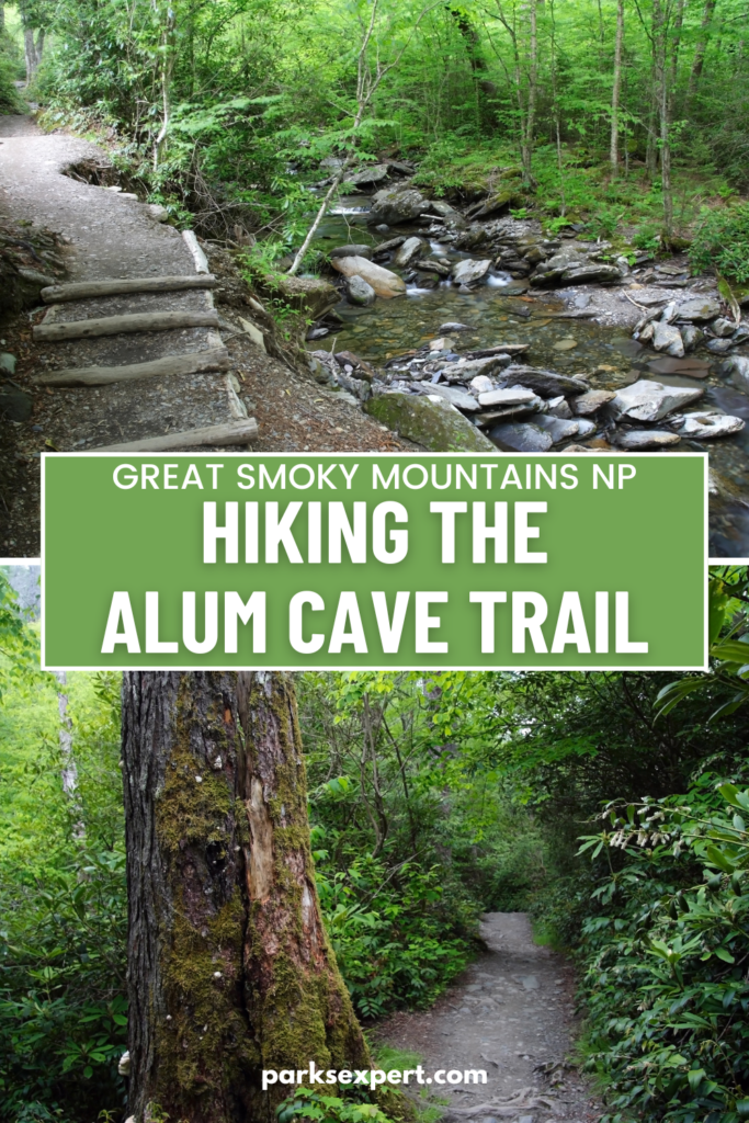 Hiking Alum Cave Trail in Great Smoky Mountains National Park 31 A pin image with two photos of scenes from the Great Smoky Mountains National Park and text, "Hiking the Alum Cave Trail"